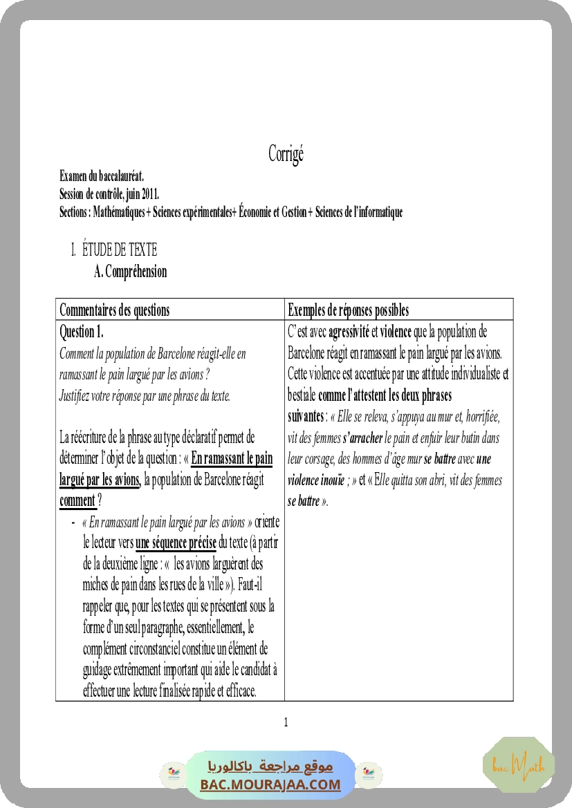 Corrigé controle francais Bac 2011 – Section math